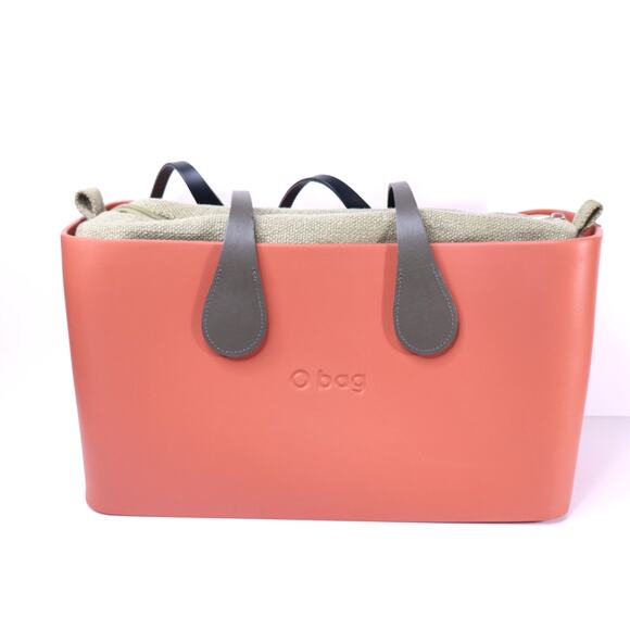 O BAG Classic Tote Bag Coral with Sage Canvas Insert Brown Shoulder Straps - Picture 2 of 9